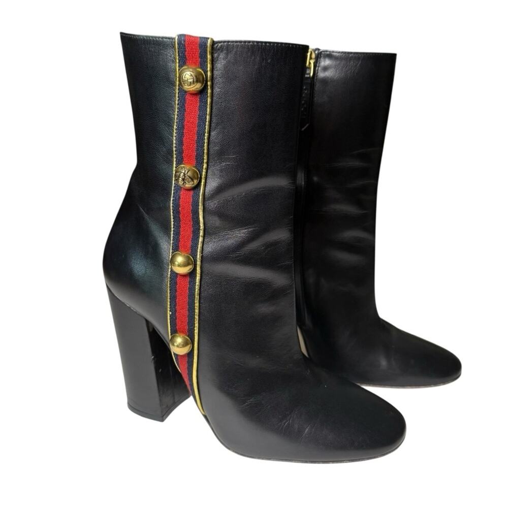 Gucci Malaga Kid Web Carly Leather Mid Calf Boots Gold Stud Side EU 39/US 9